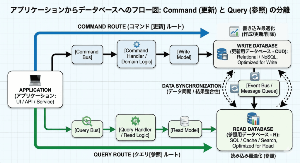 CQRS（コマンド・クエリ責務分離）の基本アーキテクチャ図 
